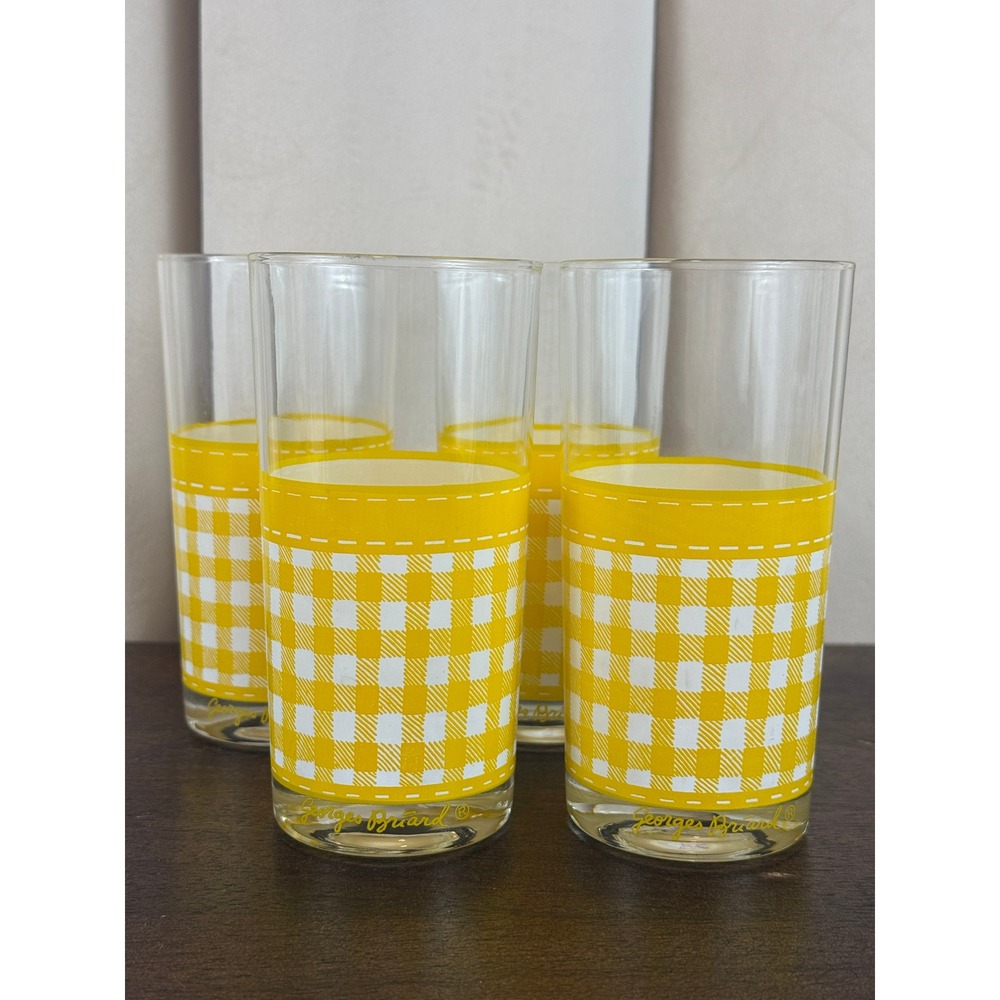 Georges Briard Set 4 MCM High Ball Tumbler Drinking Glasses Yellow Gingham